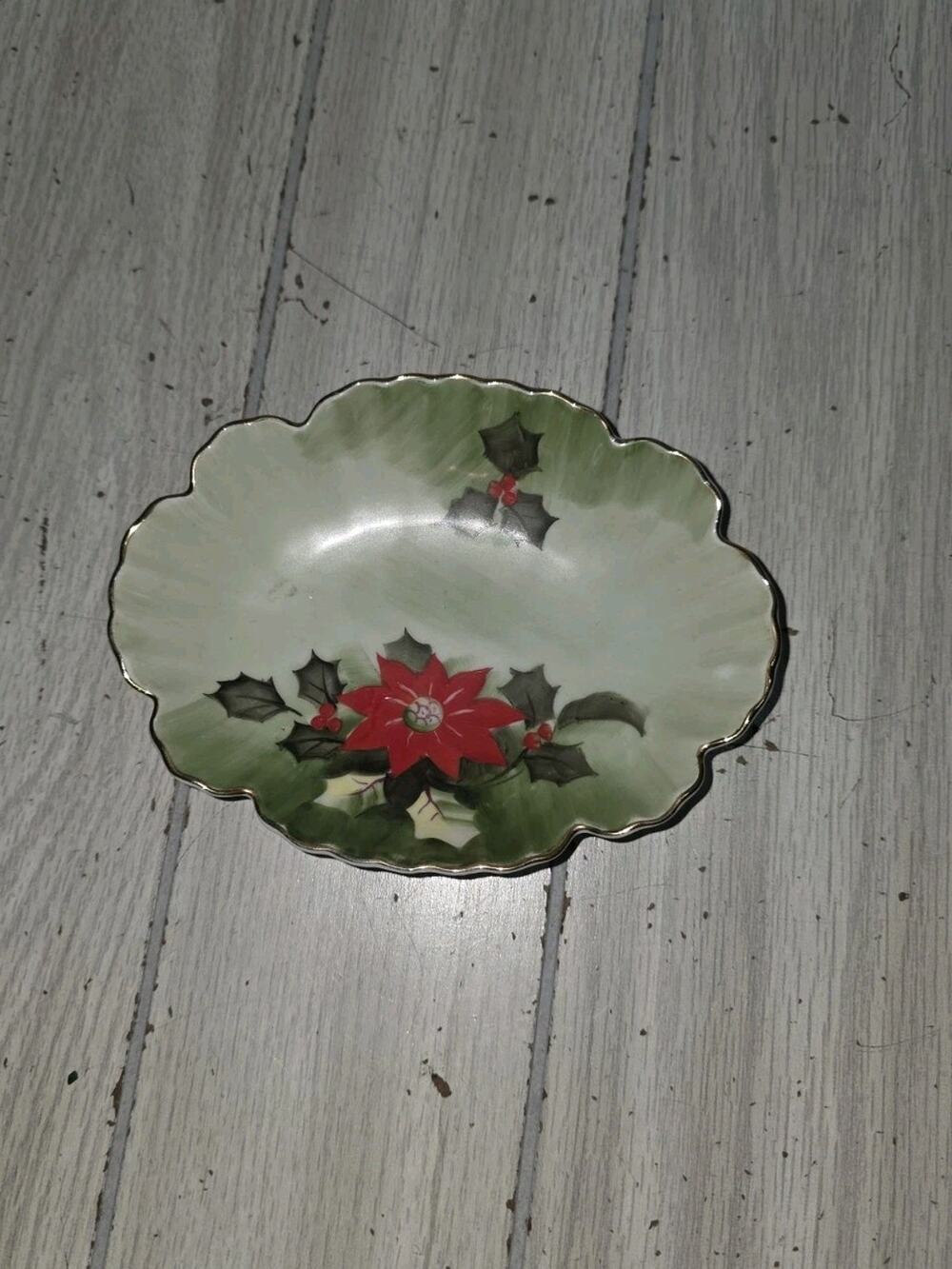 Vintage 1950s Lefton Poinsettia And Holly Hand Painted Mint Dish Heritage